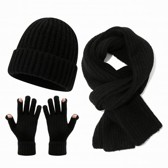 CYSFASHION Scarf for Women 3 Piece Winter Gloves Men Fall Fashion Must Haves Men's Touchscreen Ear Warmer Caps Fleece Black Beanie