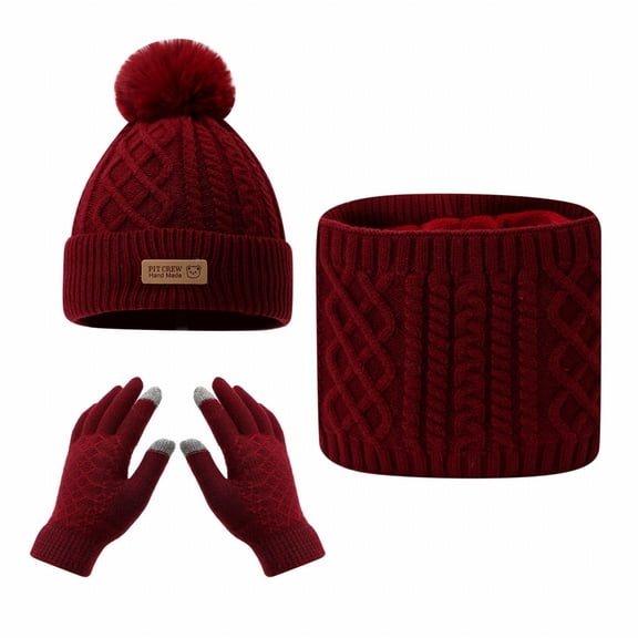 CYSFASHION Scarf for Women 3 Piece Winter Gloves Men Fall Fashion Must Haves Men's Touchscreen Ear Warmer Caps Fleece Wine Beanie