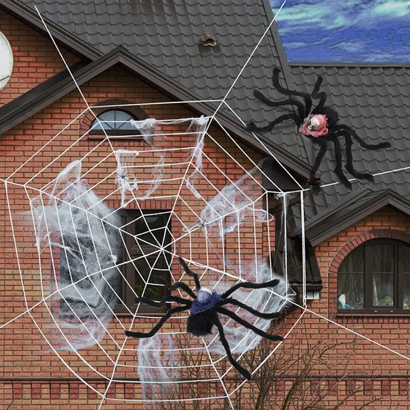 CYSFASHION Stretchable Black Spider Halloween Prop with Web and Ground Stakes
