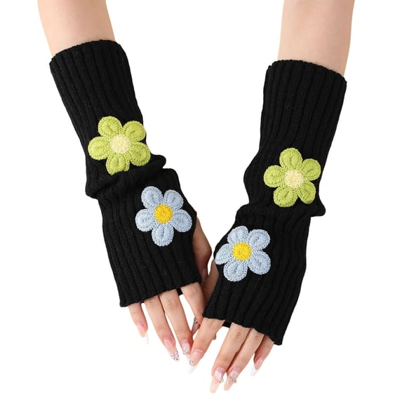 CYSFASHION Winter Fingerless Gloves for Women Cute Crochet Floral Decor Stretchy Half Finger Gloves for Daily Wear