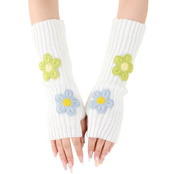 CYSFASHION Winter Fingerless Gloves for Women Cute Crochet Floral Decor Stretchy Half Finger Gloves for Daily Wear