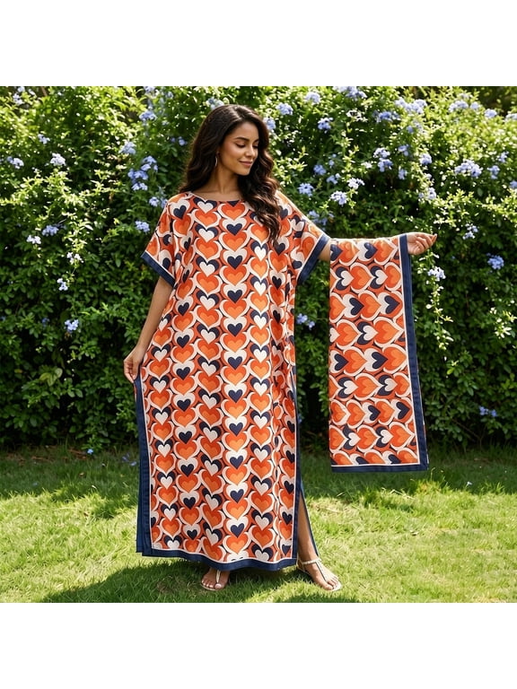 Women Kaftan Dress Plus Size Batwing Sleeve Loose Maxi Summer Cover Up with Matching Scarf Casual Mumu Nightgown Satin Beach Vacation Loose Fit Flowy Lightweight Comfortable