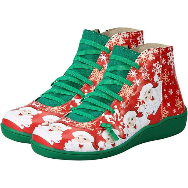 CYSWER Women Ankle Boots Winter Lace Up Xmas Print Booties Retro Flat