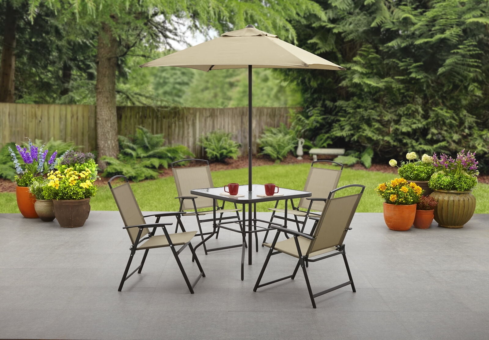 CYTROP 6 Piece Patio Garden Set with Table, Umbrella and 4 Folding ...
