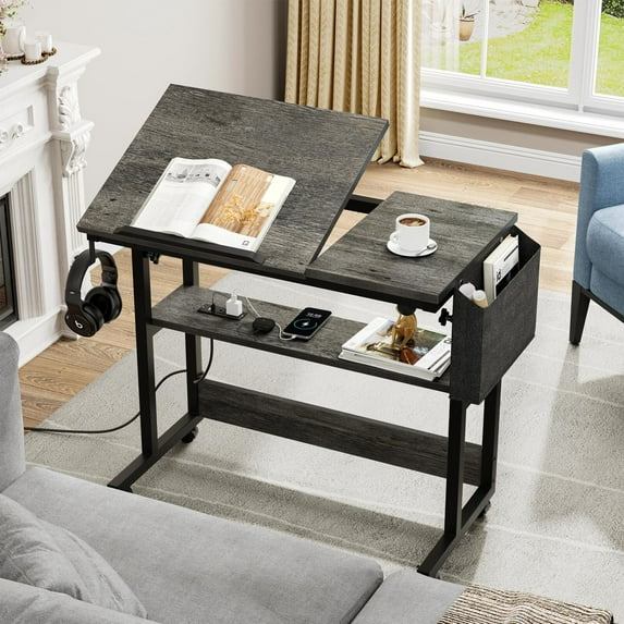 CYTROP Height Adjustable Table with Charging Station, Portable Desk with Wheels, Small Standing Rolling Computer Desk with Tiltable Tabletop and Storage Bag,Gray