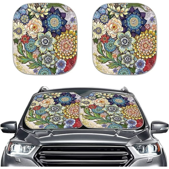CYU SHOP Car Front Windshield Sun Shade Universal for Women, Abstract Datura Print 2 Packs Foldable Automotive Window Sunshade Sun Visor Reflect UV