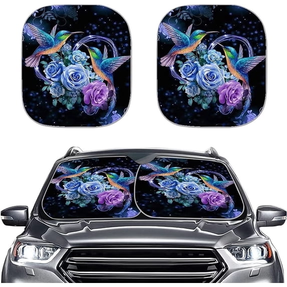 CYU SHOP Rose Hummingbird 2pc Auto Sunshade Front Windshield Sun Shade, Multicolor Car Sun Shades Blocks Sun Visor Protection for Women