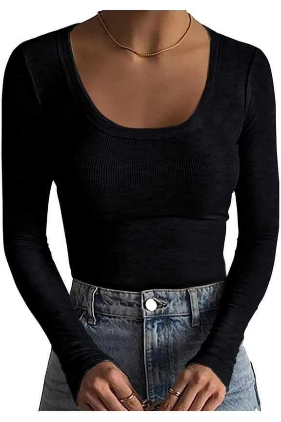 Women's Long Sleeve Ribbed Basic Shirt, Black (Small)