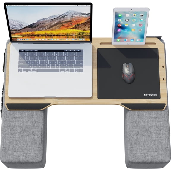 CYWORX Ergonomic Lap Desk for Laptops Wireless Devices, Adjustable Bamboo Board with Cooling Vent, Cushioned Support, Includes Mousepad, Gray