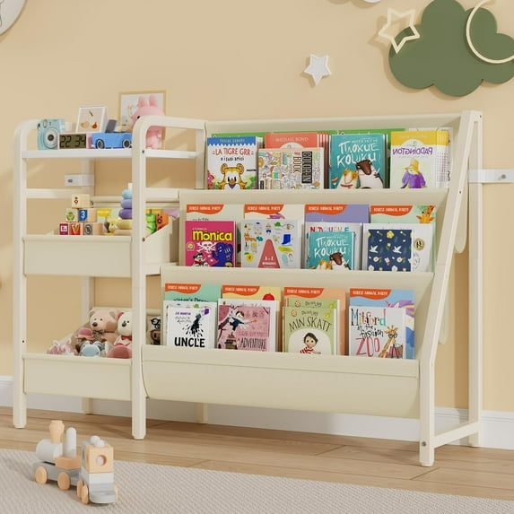 CYXPHION B4 Kids Bookshelf and Toy Storage, Book Shelf for Kids Rooms, Toddler Bookshelf for Kids, 3-Tier Sling Baby Bookshelves, Montessori Baby Bookcase for Nursery, Bedroom, Playroom, White C104