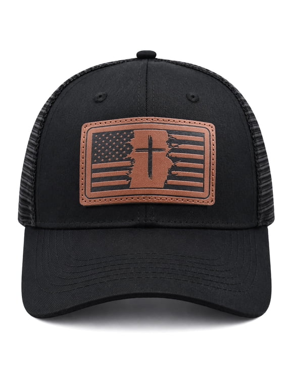 Christian US Flag Trucker Hat for Men Women, Adjustable Jesus Cross Leather Pattern Baseball Cap Black