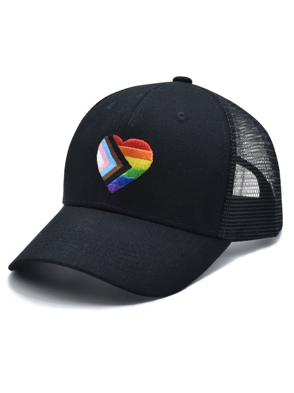 LGBT Pride Baseball Cap for Men Women, Embroidered Rainbow Heart, Adjustable Gay Lesbian Love Trucker Hat