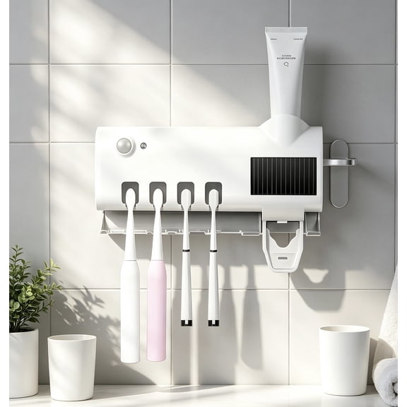CYYI Wall Mounted Toothbrush Holder with Toothpaste Dispenser – 4 Slots, No-Drill Mounting, Rechargeable for Bathroom, Hotel, Dorm, RV (White)