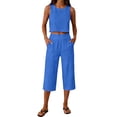 thumbnail image 1 of CYYOLLPF Linen Sets for Women gauze set Gauze Loungewear Sets Boho Peasant Shirt Matching Lounge Capri Pants Summer Pants Set linen pants set beach vacation outfits for women Blue M, 1 of 9