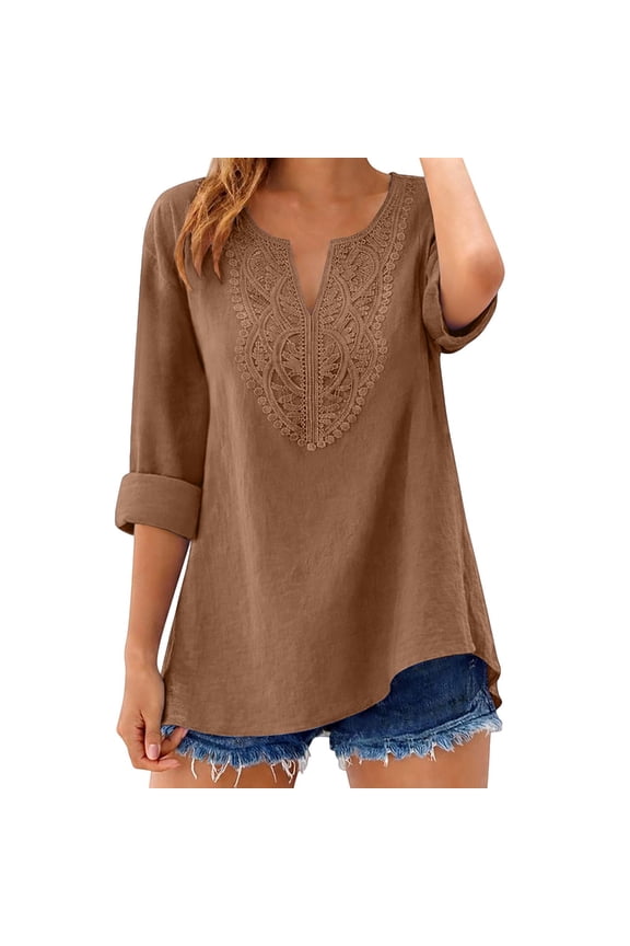 Linen Tops for Women 3/4 Sleeve Button Down Shirts 3/4 Roll-up Sleeve Tunic Tops with Button Side Slit Tops for Women Linen Shirts Tops Linen Shirts for Women Gauzy Shirts Brown S