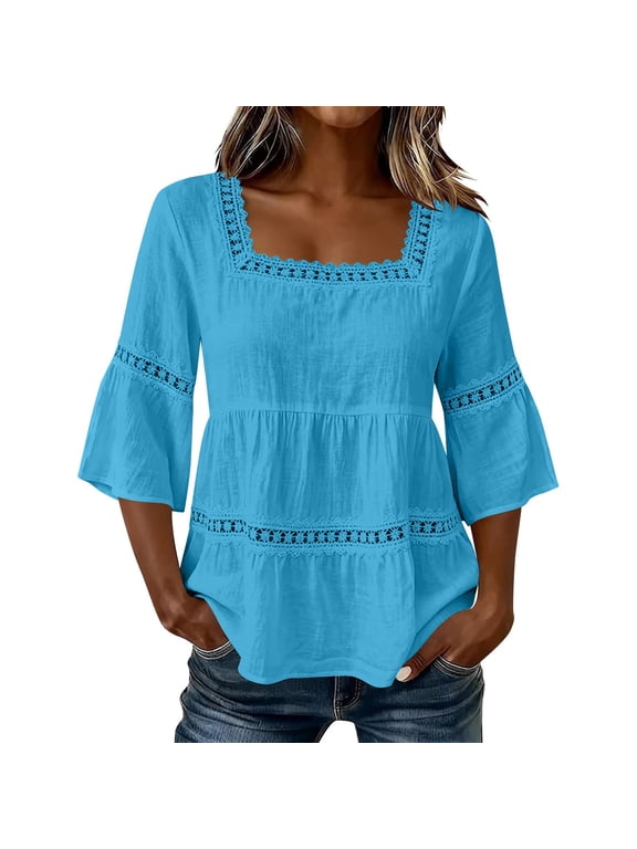Linen Tops for Women 3/4 Sleeve Lace Patch Casual Cotton Gauze Shirt Vintage Trendy Blouse Round Neck Loose Fit Tunic Outfits Beach Vacation 2026 Blue XXL