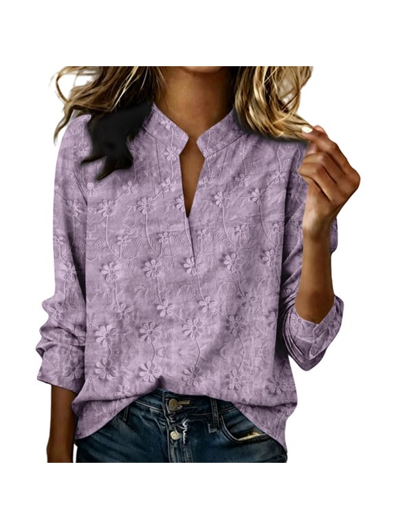 Mandarin Collar Tops for Women Causal Shirt for Women Fashion Blouse Printing Heavy Industry V Neck Mandarin Collar Blouse Chinese Collar Tops Elegant Resort Wear Purple L
