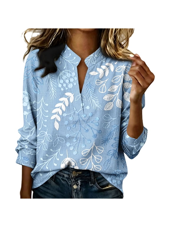 Mandarin Collar Tops for Women Print Minimalist Retro Printing Blouse Tops for Women Causal Shirt for Women Boho Floral Shirt Teacher Shirts Spring Summer Top Blue L