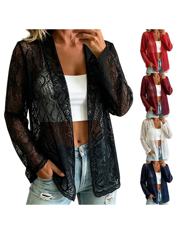 Women Casual Boho Hollow Out Fishnet Knit Cardigan Full Zip Hooded Long Sleeve Oversized Fit with Side Pockets Lightweight Beach Swim Cover Up Cruise Daily Outwear Tops Blue M