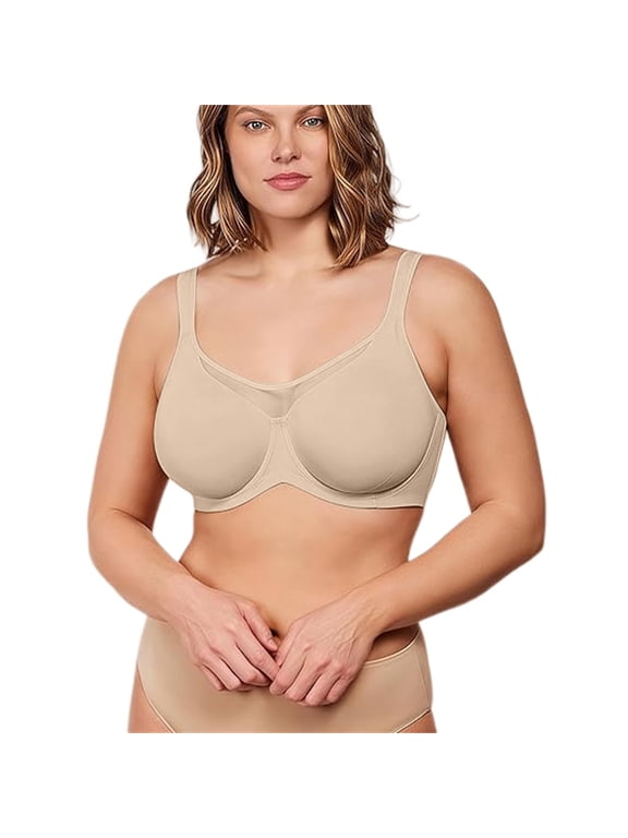 Womens Breathable Soft Underwire Bra Full Coverage Molded Cup Wide Support Straps Back Smoothing Seamless Anti Sag Bra for Full Figure Big Bust Daily Office Outfits Beige 4090C