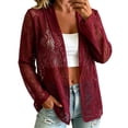 thumbnail image 1 of CYYOLLPF Womens Oversized Zip Hooded Knit Sweater Hollow Out Mesh Sheer Crochet Long Sleeve Cardigan with Side Pockets Breathable Lightweight Boho Beach Vacation Cover Up Outwear Red XL, 1 of 4