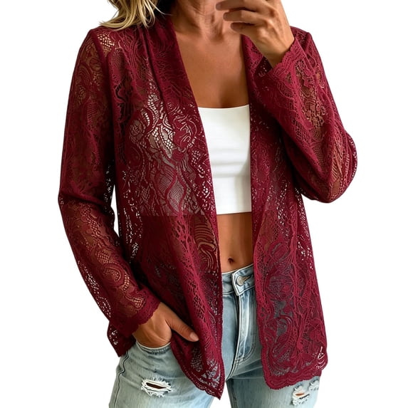 CYYOLLPF Womens Oversized Zip Hooded Knit Sweater Hollow Out Mesh Sheer Crochet Long Sleeve Cardigan with Side Pockets Breathable Lightweight Boho Beach Vacation Cover Up Outwear Red XL