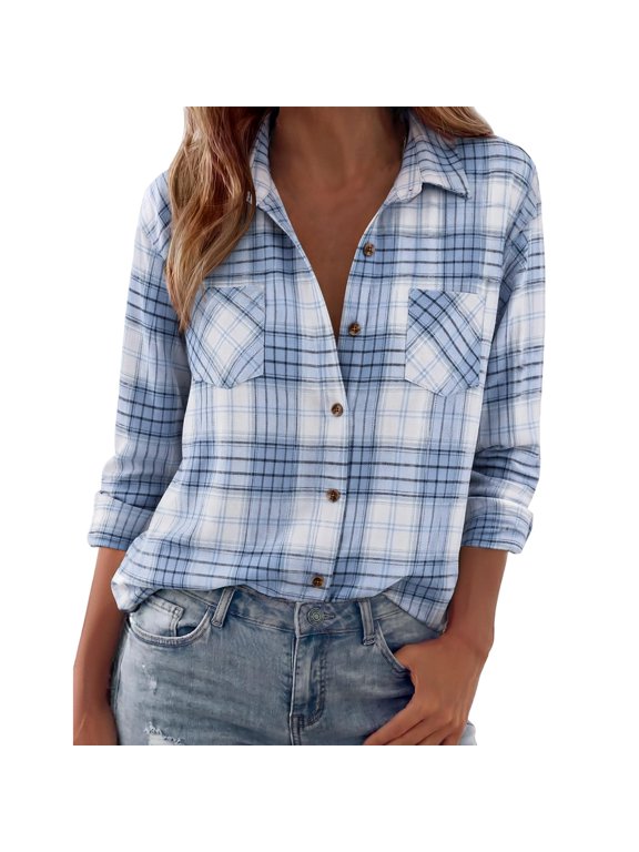 Womens Plaid Shirt Fall Jackets Loose Fit Blouse Retro Solo or Layered Womens Button Down Shirt Christmas Flannel Shirt Women Boyfriend Shirts for Women Casual Blouses