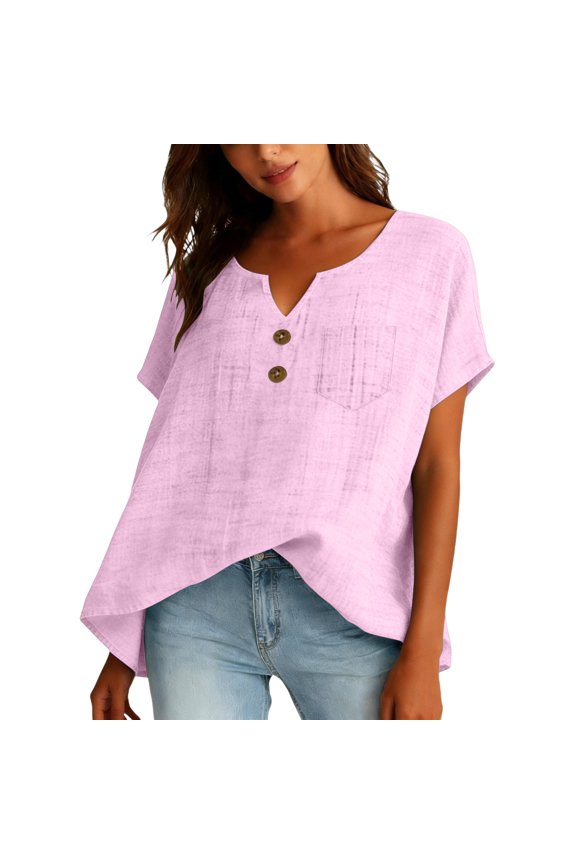 linen blouses for women Roll Up Short Sleeve Womens Cotton Linen Button Down Shirts linen tunic tops for women Floral Print Linen Shirts Collared Roll Up Tunic V Neck Blouses Pink XL