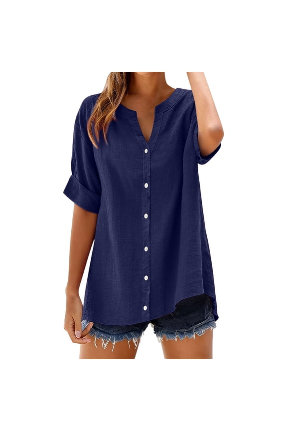 linen tunic Button Down Shirts 3/4 Roll-Up Sleeve 3/4 Sleeve Peasant Blouses Roll Up Short Sleeve Floral Embroidered Boho Tops Fall Work Cruise Outfits 2026 Crew Neck Shirt Blue 2XL