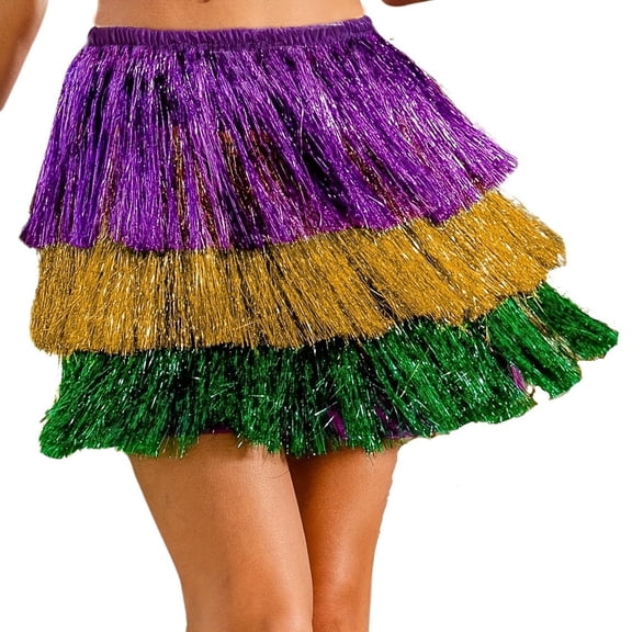 CYYPLAS Women's Color Block Tassel Latin Elastic Waistband Dance Skirts Metallic Shiny Festival Rave Party Mini Skirt 1PC