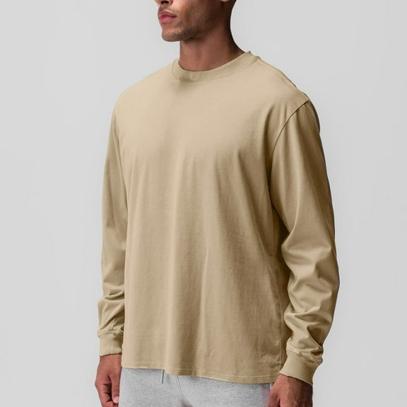 CYiJun Cotton Long Sleeve Shirts for Men Moisture Wicking Long Sleeve T Shirt Crew Neck Comfort Casual Basic Tee,Khaki 2XL