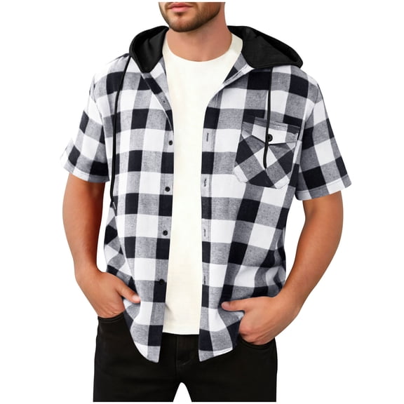 CYiJun George Button Down Shirts for Men Summer Casual Short Sleeves Flannel Hoodie Plaid Shirt