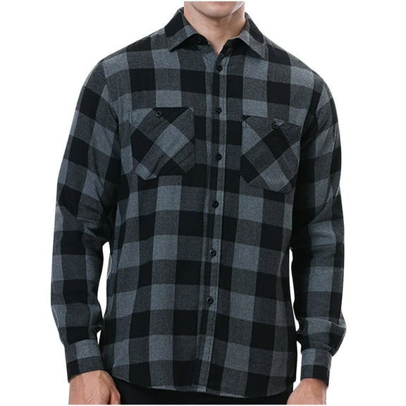 CYiJun George Flannel Plaid Shirt for Men Regular Fit Long Sleeved Casual Button Down Shirt with Two Pockets,Gray XL