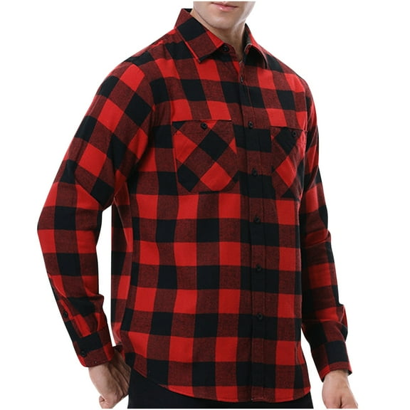 CYiJun George Flannel Plaid Shirt for Men Regular Fit Long Sleeved Casual Button Down Shirt with Two Pockets,Red 2XL