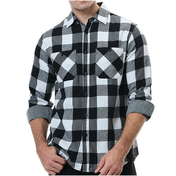 CYiJun George Flannel Plaid Shirt for Men Regular Fit Long Sleeved Casual Button Down Shirt with Two Pockets,White 2XL