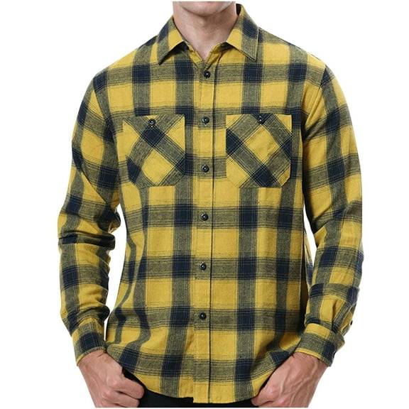 CYiJun George Flannel Plaid Shirt for Men Regular Fit Long Sleeved Casual Button Down Shirt with Two Pockets,Yellow S