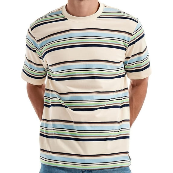 CYiJun Mens Cotton Crew Neck Stripe T Shirts,Soft Short Sleeve Basic Tees, Comfortable Classic Fit Tops