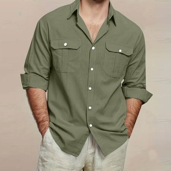 CYiJun George Men's Cotton Linen Shirt Casual Button Down Shirts Cargo Long Sleeve Shirt with Pocket Hiking Travel Camping