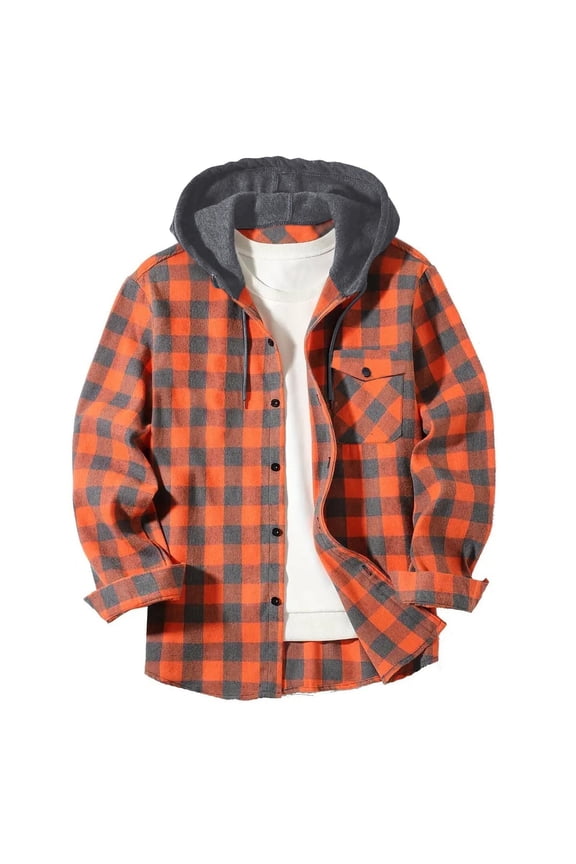 Men's Hooded Flannel Shirt Jacket Soft Brushed Buffalo Plaid Lightweight Long Sleeve Button Down Jackets