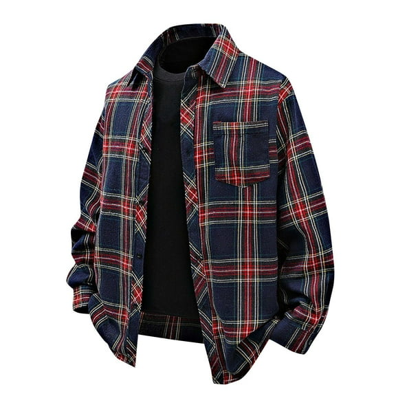 CYiJun George Mens Button Down Plaid Shirts Casual Long Sleeve Flannel Shirts for Men Fashion Business Shirt,Navy L