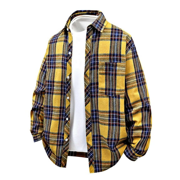 CYiJun George Mens Button Down Plaid Shirts Casual Long Sleeve Flannel Shirts for Men Fashion Business Shirt,Yellow 2XL