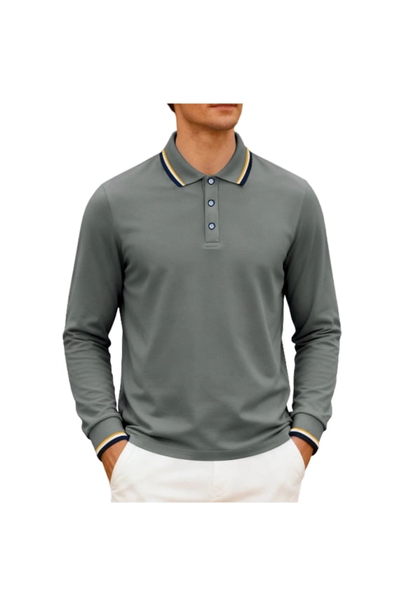 Mens Long Sleeve Polo Shirts Classic Casual Button Polo Tee Lightweight Collared Golf Shirt