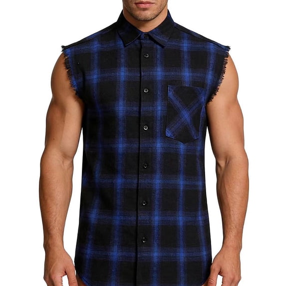 CYiJun George Sleeveless Flannel Shirt Men Lightweight Casual Button Down Plaid Shirt Cowboy Tank Tops with Raw Hem