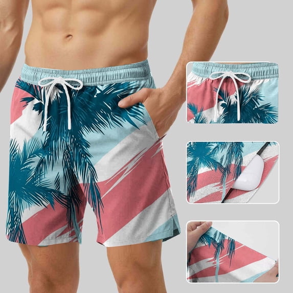 CYiJun Swim Trunks for Men with Compression Liner Tropical Print Drawstring Waist Beach Hawaii Shorts