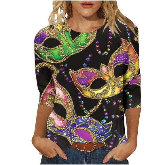 CYiJun Mardi Gras Clothing,Mardi Gras Sequin Top for Women,Sparkling 3/4 Sleeve Crewneck Party Shirt in Purple, Green & Gold