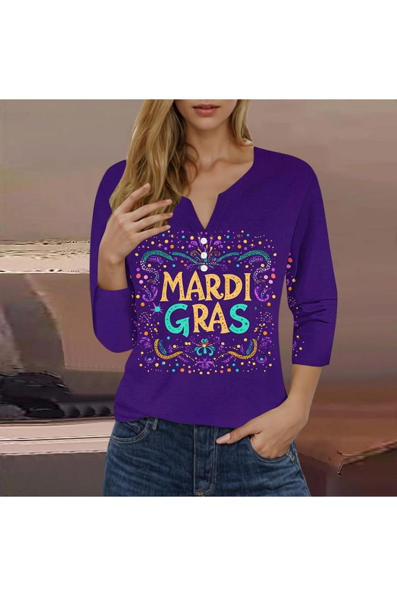 Mardi Gras Clothing,Parade Ready 3/4 Sleeve Top,Lightweight Crewneck Shirt for Mardi Gras Street Celebration