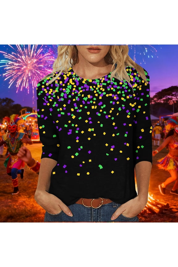 Mardi Gras Clothing,Parade Ready 3/4 Sleeve Top,Lightweight Crewneck Shirt for Mardi Gras Street Celebration