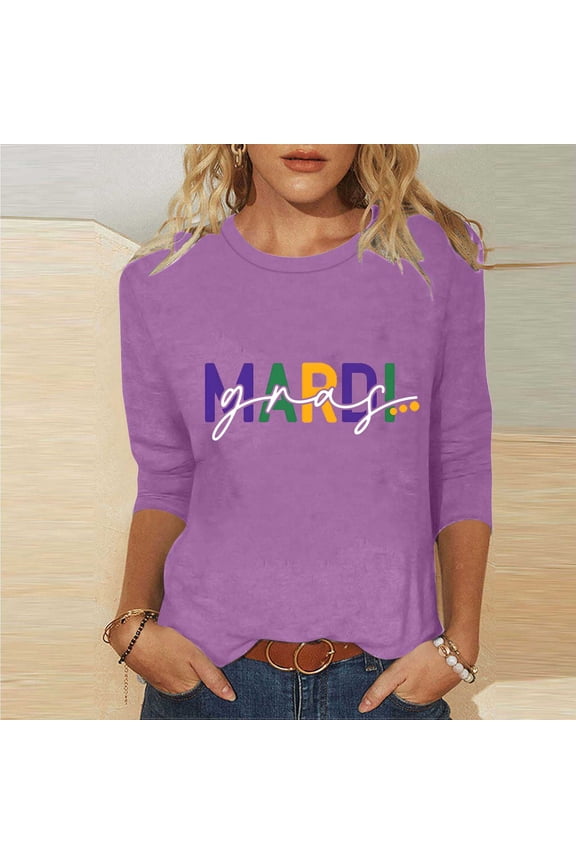 Mardi Gras Clothing,Parade Ready 3/4 Sleeve Top,Lightweight Crewneck Shirt for Mardi Gras Street Celebration