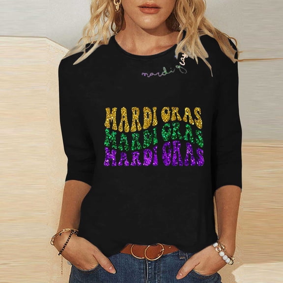 CYiJun Mardi Gras Clothing,Sparkling Mardi Gras Crewneck Top,3/4 Sleeve Metallic Party Shirt for Carnival Celebration