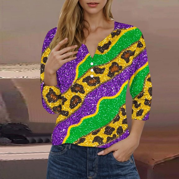 CYiJun Mardi Gras Clothing,Sparkling Mardi Gras Crewneck Top,3/4 Sleeve Metallic Party Shirt for Carnival Celebration